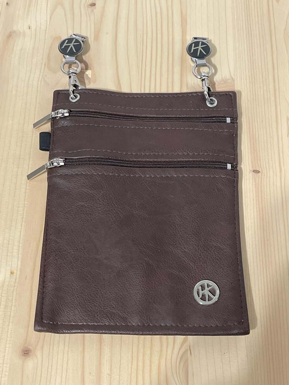 Hip Klips Brown Faux Leather Double Zipper Pocket Hands Free Clip-On Bag